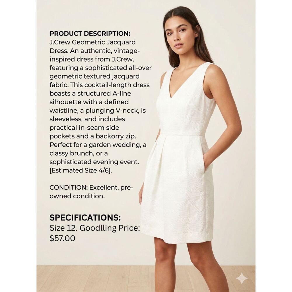 NWT J. Crew White Geometric Textured Jacquard V-Neck A-Line Dress with Pockets
